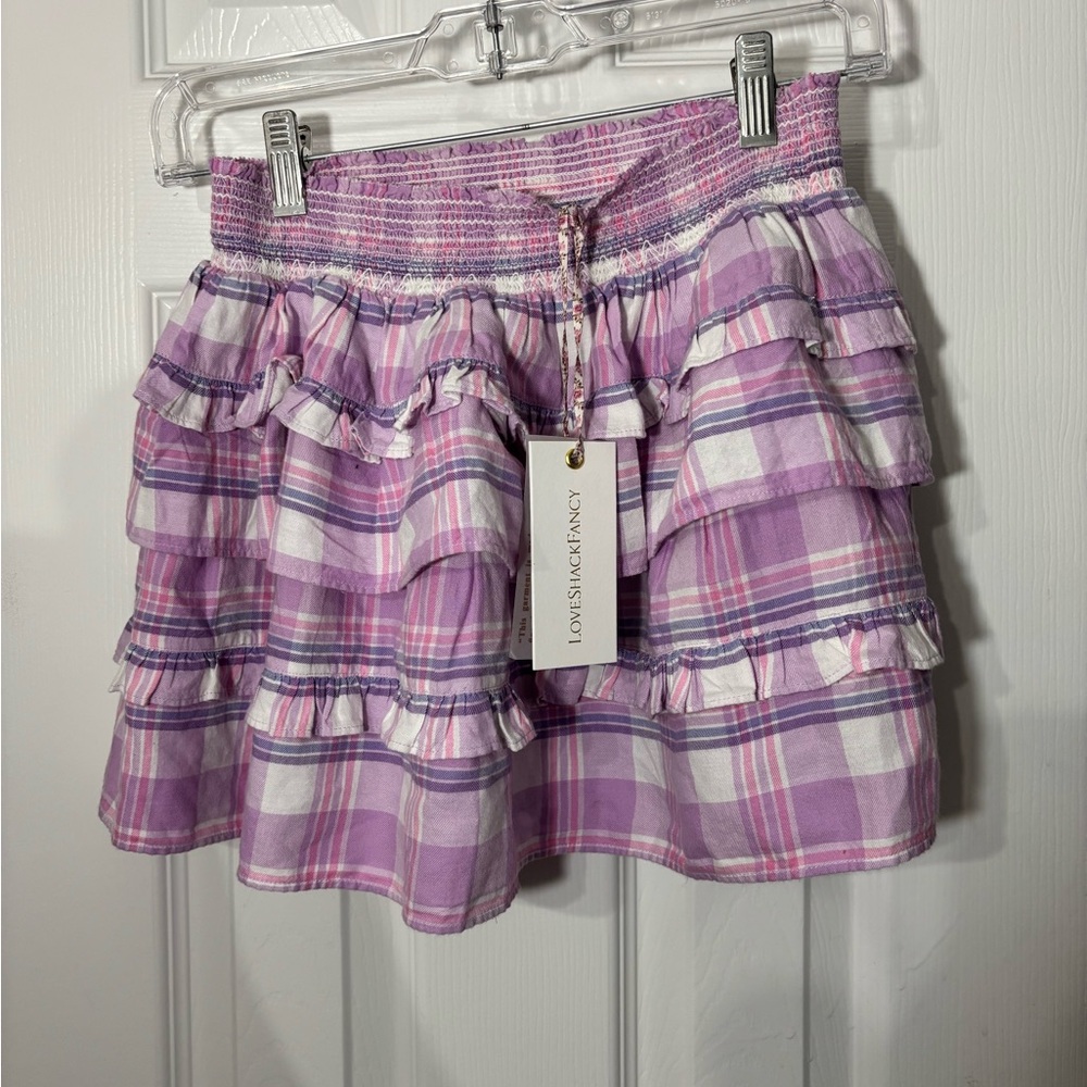 LoveShackFancy Lavender Pink Plaid Ruffle Skirt